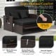 Patio rattan daybed with adjustable backrest, black cushions, and retractable side trays for outdoor relaxation.