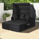Black patio rattan daybed with retractable canopy and side tables, featuring soft cushions for outdoor relaxation.