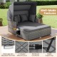 Patio rattan daybed with retractable canopy, gray cushions, and side tables, perfect for backyard relaxation.