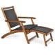 Patio rattan folding lounge chair with acacia wood frame and retractable footrest, perfect for garden or poolside.