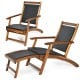 Folding lounge chair with acacia wood frame and PE rattan, featuring a retractable footrest for patio relaxation.
