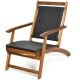 Patio rattan folding lounge chair with acacia wood frame, featuring a deep seat and ergonomic backrest for comfort.