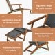 Patio rattan folding lounge chair with acacia wood frame, featuring ergonomic angle and retractable footrest for.