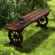 Patio rustic wood bench featuring a wagon wheel base, showcasing durable fir wood, perfect for garden or poolside.