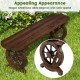 Close-up of the wagon wheel base on the rustic wood bench, crafted from durable fir wood, ideal for outdoor elegance.