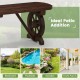 Patio Rustic Wood Bench with wagon wheel base, featuring a slatted seat for outdoor use, ideal for backyard or poolside.