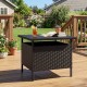 Patio square wicker side table with umbrella hole, featuring a black rattan design, perfect for outdoor use.