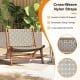 Patio teak wood chair with cross-woven nylon webbing seat, designed for comfort and style in outdoor settings.