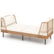 Boho rattan loveseat daybed with white cushions, 72" wide, ideal for outdoor relaxation and comfort.