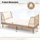 Patio wicker daybed featuring handwoven PE rattan, soft white cushions, and dimensions for outdoor relaxation.