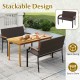 Stackable patio wicker loveseat chair with acacia wood armrests and metal frame, perfect for outdoor relaxation.