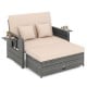 Patio wicker loveseat sofa with beige cushions, adjustable backrest, and retractable side trays for outdoor relaxation.