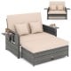 Patio wicker loveseat sofa in beige with adjustable backrest, soft cushions, and retractable side tray for outdoor.