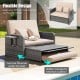 Patio wicker loveseat sofa in beige with retractable side tray and hidden ottoman storage for versatile outdoor use.