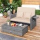 Patio wicker loveseat sofa in beige with multipurpose ottoman and retractable side tray, perfect for outdoor relaxation.