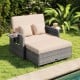 Patio wicker loveseat sofa with beige cushions, multipurpose ottoman, and retractable side tray for poolside relaxation.