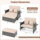 Dimension chart for patio wicker loveseat sofa with multipurpose ottoman, showing measurements and weight capacity for.