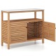 Acacia wood outdoor storage cabinet with marble-like countertop, featuring two doors and a spacious shelf for versatile.