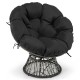 Black PE wicker Papasan chair with thick removable cushion, featuring a stable round base and 360° swivel for comfort.