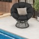 Black PE wicker papasan chair with thick removable cushion, 360° swivel, ideal for indoor or outdoor relaxation.