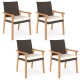 Set of 4 PE rattan outdoor patio dining chairs with acacia wood armrests and removable white cushions for comfortable.