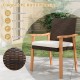 Hand-woven PE rattan outdoor dining chair with acacia wood armrests and removable cushion, perfect for patio relaxation.
