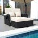 PE wicker outdoor daybed with adjustable backrest and storage ottoman, perfect for patio and poolside relaxation.