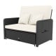 PE wicker outdoor daybed with adjustable backrest, cream cushions, and storage ottoman for versatile patio use.