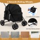 Pet stroller in black with 360° swivel front wheels, one-step rear brake, and spacious cabin for small to medium dogs.