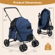 Pet stroller dimensions showing foldable design, navy color, and features for small to medium dogs, weighing 33 lbs.