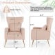 Dimensions of the pink velvet upholstered wingback chair with lumbar pillow and golden metal legs, showcasing ergonomic.