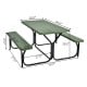 Green picnic table bench set with HDPE material, sturdy metal frame, and rounded corners for outdoor camping use.