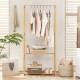 Pine wood clothes rack with 2-tier open storage shelf, perfect for organized hanging clothes in a stylish living space.