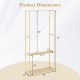Pine wood clothes rack dimensions showing 2-tier open storage shelf, sturdy hanging rod, and anti-slip feet for.