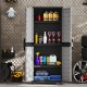Plastic lockable storage cabinet with doors, featuring three adjustable shelves for versatile indoor organization.