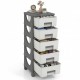 Compact gray plastic storage organizer with five drawers and a spacious tabletop for efficient bedroom organization.