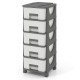 Gray plastic storage organizer with four drawers and handles, ideal for compact bedroom spaces and easy access.