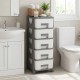 Gray plastic storage organizer with compact drawers, features easy-pull handles and a spacious tabletop for efficient.