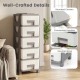 Plastic storage organizer with gray drawers and handles, featuring a compact design for space-saving in bedrooms.