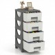 Gray plastic storage organizer with four drawers and spacious tabletop, ideal for compact bedroom storage and easy.