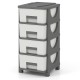 Compact gray plastic storage organizer with four drawers and spacious tabletop, ideal for bedroom or small spaces.