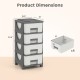Gray plastic storage organizer with four drawers, compact design, and spacious tabletop for efficient bedroom storage.
