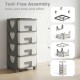 Gray plastic storage organizer with compact drawers, designed for easy assembly and maximizing space in small rooms.