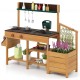 Wooden play kitchen for kids with removable sink, two stoves, and planter boxes, perfect for imaginative outdoor play.