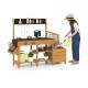 Wooden play kitchen for kids with removable sink, two stoves, and planter boxes for imaginative outdoor play.