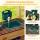 Removable sink and faucet in the wooden play kitchen for kids, ideal for water, sand, and mud play activities.