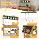 Wooden toy kitchen playset with top shelf, hanging hooks, and storage box for imaginative play and organization.