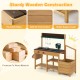 Wooden toy kitchen playset in brown with removable sink, stoves, and ample storage for imaginative play.