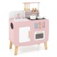 Wooden play kitchen set in pink with stove, sink, and oven, designed for kids' imaginative cooking play and storage.