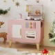 Wooden kids play kitchen set in pink with stove, sink, and oven, promoting imaginative play and organization.
